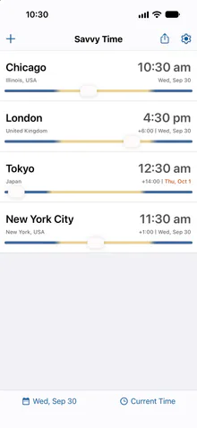 Savvy Time on iPhone in light mode, comparing Chicago, London, Tokyo and New York City