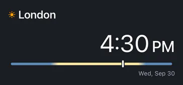 Medium One Place widget: London at 4:30 PM with the Daylight track